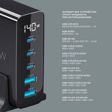 Зарядная станция 3xUSB Type-C, 2xUSB, PD, QC, 140Вт, черный, Deppa