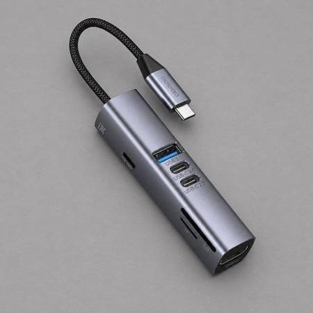 USB-хаб 7 в 1 USB-C - USB-A3.0 + 2хUSB-C + USB-C PD100Вт + HDMI + SD + microSD, серый, Deppa