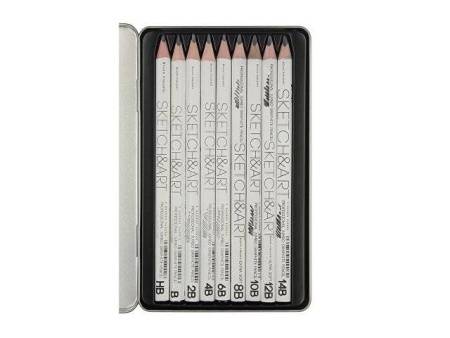 Набор чернографитовых карандашей  "Sketch & Art"  утолщенные,9 шт. hb-14b,  металлическая коробка с ложементом