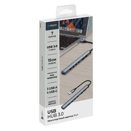 USB-хаб USB-A 3.0 + 2xUSB-A 2.0 + 4xUSB-C, серый, Deppa
