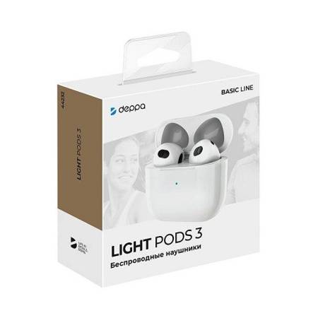Беспроводные наушники с микрофоном Light Pods 3 , TWS, BT 5.4, 300 мАч, белый, Deppa