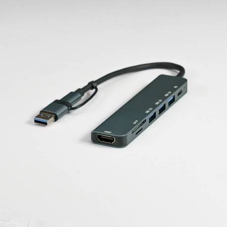 USB-хаб STEM 7 в 1, серый, алюминий