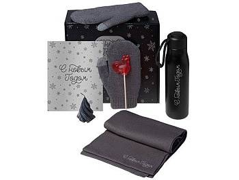 Подарочный набор с варежками, шарфом и термосом, серый