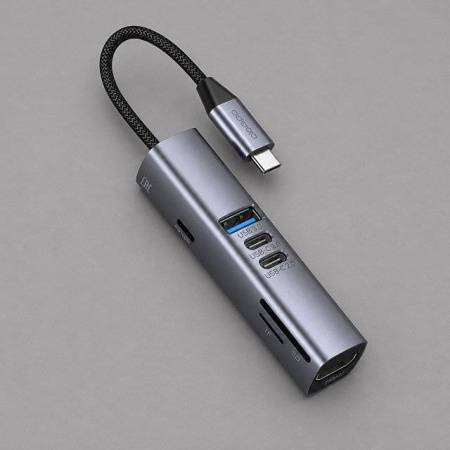 USB-хаб 7 в 1 USB-C - USB-A3.0 + 2хUSB-C + USB-C PD100Вт + HDMI + SD + microSD, серый, Deppa