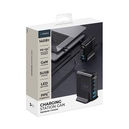 Зарядная станция 3xUSB Type-C, 2xUSB, PD, QC, 140Вт, черный, Deppa