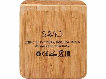 Беспроводное зарядное устройство 2-в-1 с подсветкой лого «Reedia S4», 15 Вт, бамбук, черный