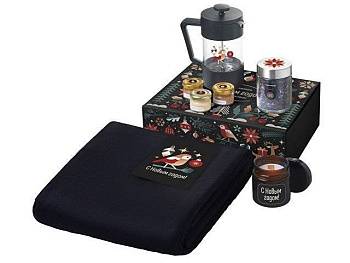 Подарочный набор c пледом, френчпрессом, чаем и медом, черный