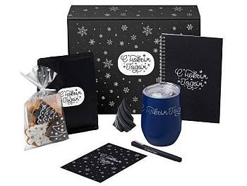 Подарочный набор c термокружкой, блокнотом, ручкой и свечкой, темно - синий