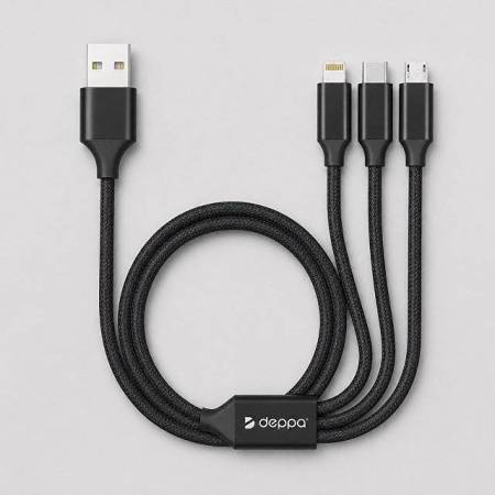Дата-кабель 3 в 1: micro USB, USB-C, Ligthning, алюминий, 1.2м, черный, Deppa