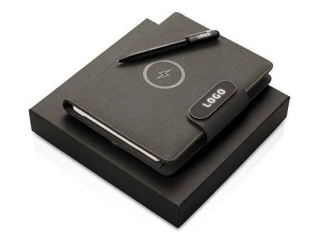 Подарочный набор металлическая ручка и блокнот А5 "Twilight"  со светящимся логотипом и пауэрбэнком