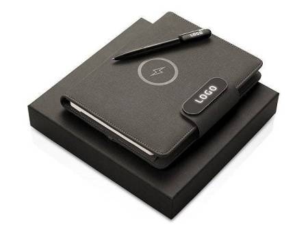 Подарочный набор металлическая ручка и блокнот А5 "Twilight"  со светящимся логотипом и пауэрбэнком