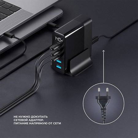 Зарядная станция 3xUSB Type-C, 2xUSB, PD, QC, 140Вт, черный, Deppa