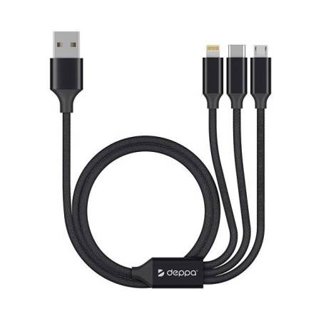 Дата-кабель 3 в 1: micro USB, USB-C, Ligthning, алюминий, 1.2м, черный, Deppa
